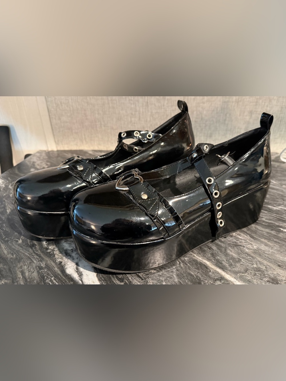 Black Patent Mary Jane Heels with Heart Accent - Picture 3 of 5